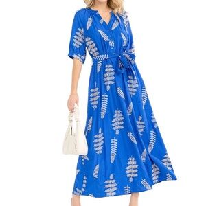 Blue Printed Maxi Dress with Tie Waist